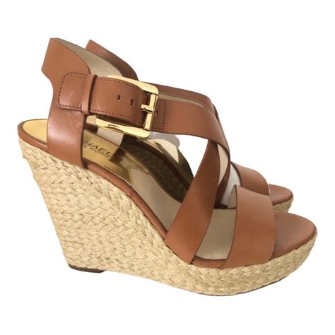 michael kors tan leather giovanna wedge sandal|Michael Michael Kors Giovanna Woven Leather Wedge Sandals .